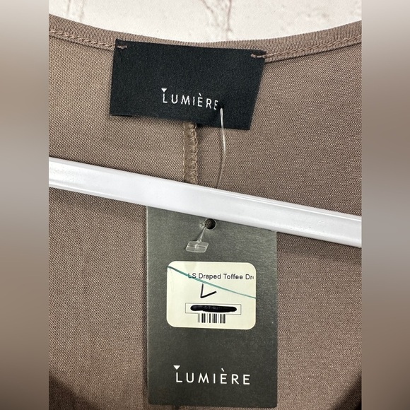Lumiere long sleeve draped toffee brown knit viscose dress, sz L NWT Made in USA - Picture 2 of 4